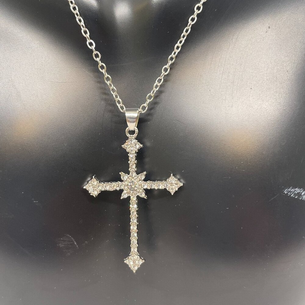 Cross necklace with simulated diamond accents 925 sterling silver plated